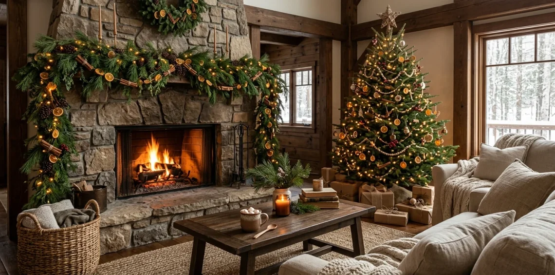 Cozy living room with natural Christmas decor, fresh pine garlands, and dried orange slice ornaments.