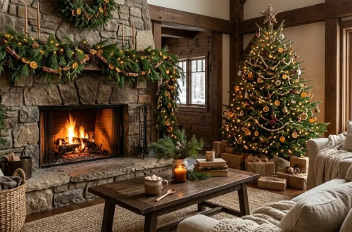 Cozy living room with natural Christmas decor, fresh pine garlands, and dried orange slice ornaments.