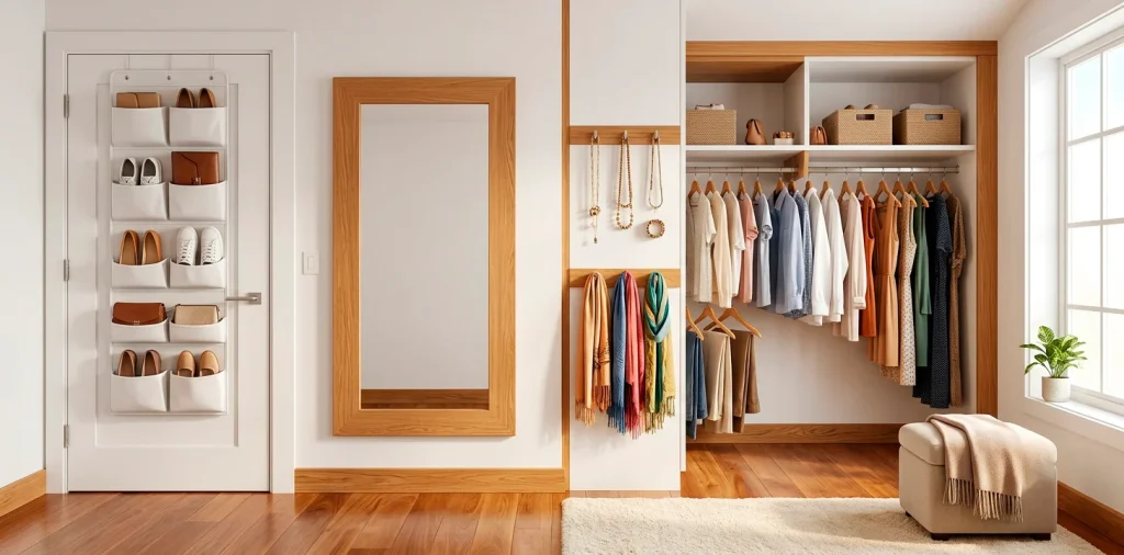 Stylish small dressing room featuring clever over-the-door organizers and modern minimalist wardrobe storage.