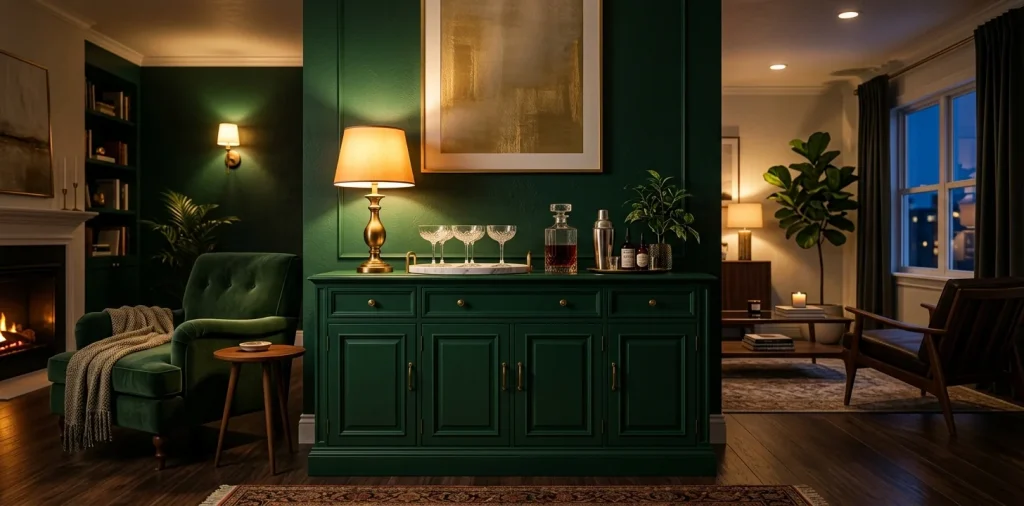 Luxurious emerald green home bar station with gold hardware and crystal glassware in a moody living room