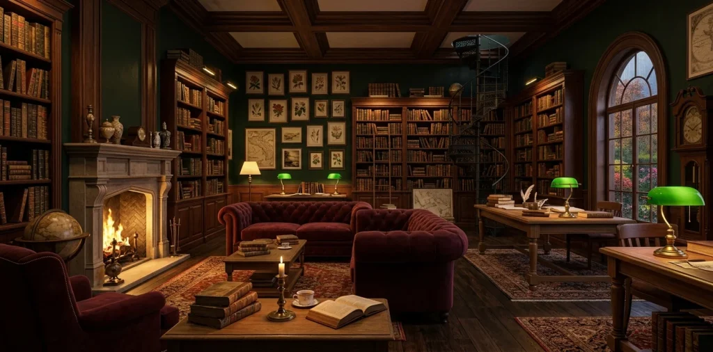 Cozy Dark Academia interior featuring floor-to-ceiling bookshelves, velvet sofa, and brass lighting