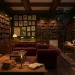 Cozy Dark Academia interior featuring floor-to-ceiling bookshelves, velvet sofa, and brass lighting