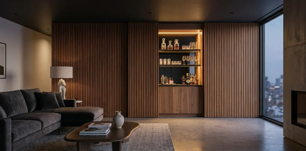 Discreet hidden home bar beautifully integrated into a fluted wood accent wall in a modern living room