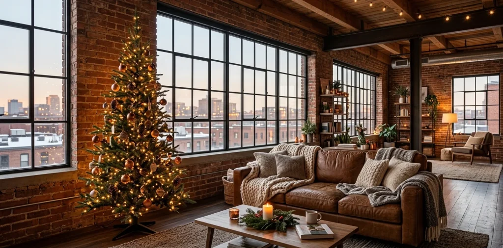 Industrial loft decorated for the holidays with an alpine tree and leather sofa
