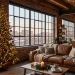Industrial loft decorated for the holidays with an alpine tree and leather sofa