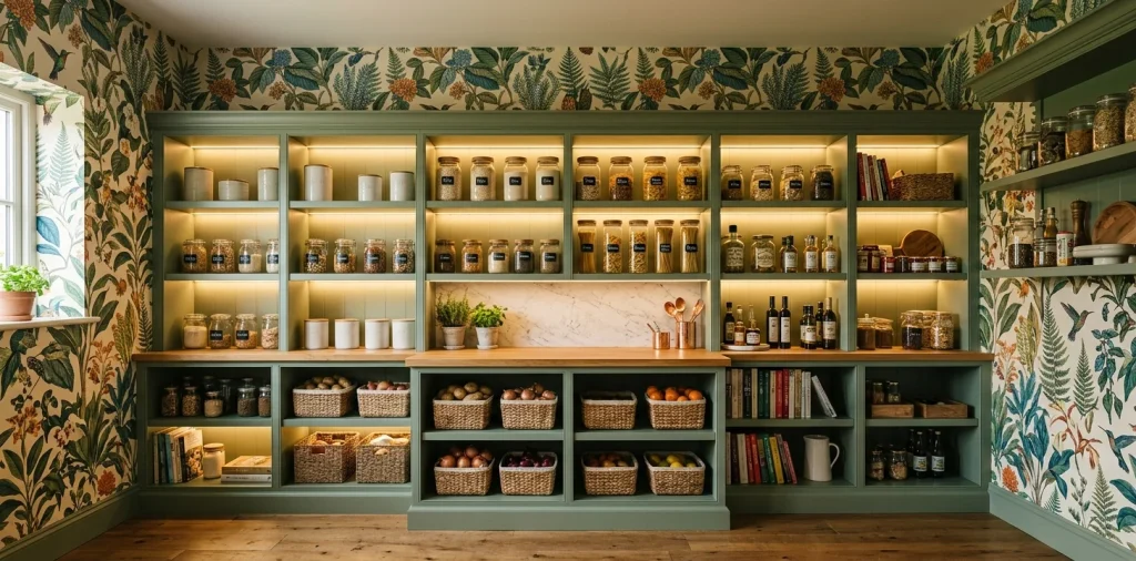 Elegant walk-in pantry decorated with vibrant botanical wallpaper and organized glass jars on shelves.