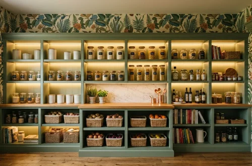 Elegant walk-in pantry decorated with vibrant botanical wallpaper and organized glass jars on shelves.