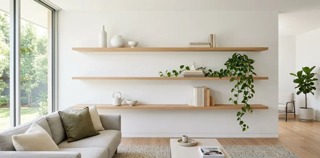Minimalist living room featuring light oak floating wood shelves with sparse ceramic decor and a trailing plant