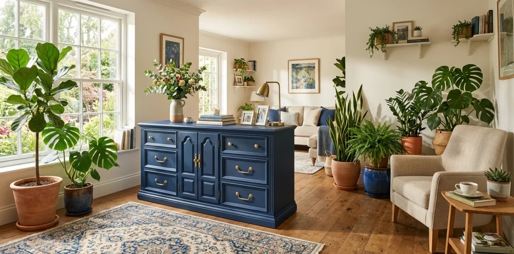 Modernized antique wood dresser painted matte navy blue in a bright, stylish living room setting.