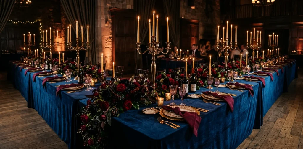 Opulent jewel-toned wedding table with midnight blue velvet, gold accents, and burgundy florals.