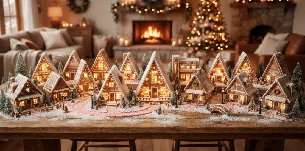 Wide view of a beautifully designed gingerbread village with modern A-frame houses and glowing fairy lights on a wooden table