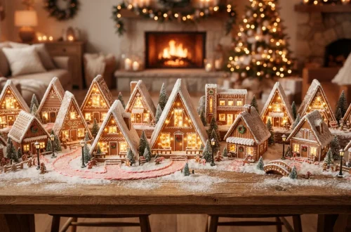 Wide view of a beautifully designed gingerbread village with modern A-frame houses and glowing fairy lights on a wooden table