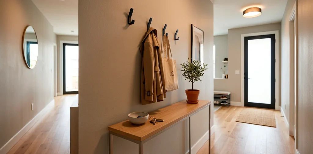 Narrow apartment entryway featuring a slim console table and matte black adhesive wall hooks.