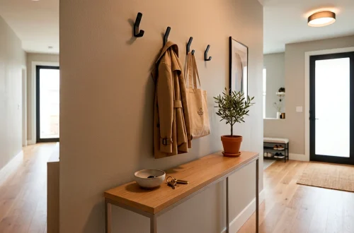 Narrow apartment entryway featuring a slim console table and matte black adhesive wall hooks.