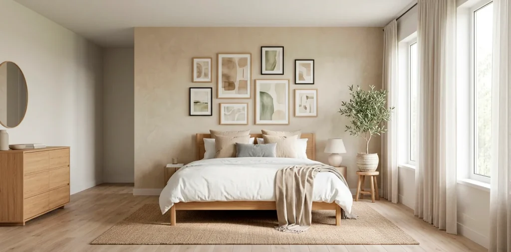 Serene bedroom featuring a perfectly balanced Zen gallery wall above a modern light oak bed frame with soft natural light.