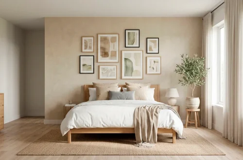 Serene bedroom featuring a perfectly balanced Zen gallery wall above a modern light oak bed frame with soft natural light.