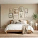 Serene bedroom featuring a perfectly balanced Zen gallery wall above a modern light oak bed frame with soft natural light.