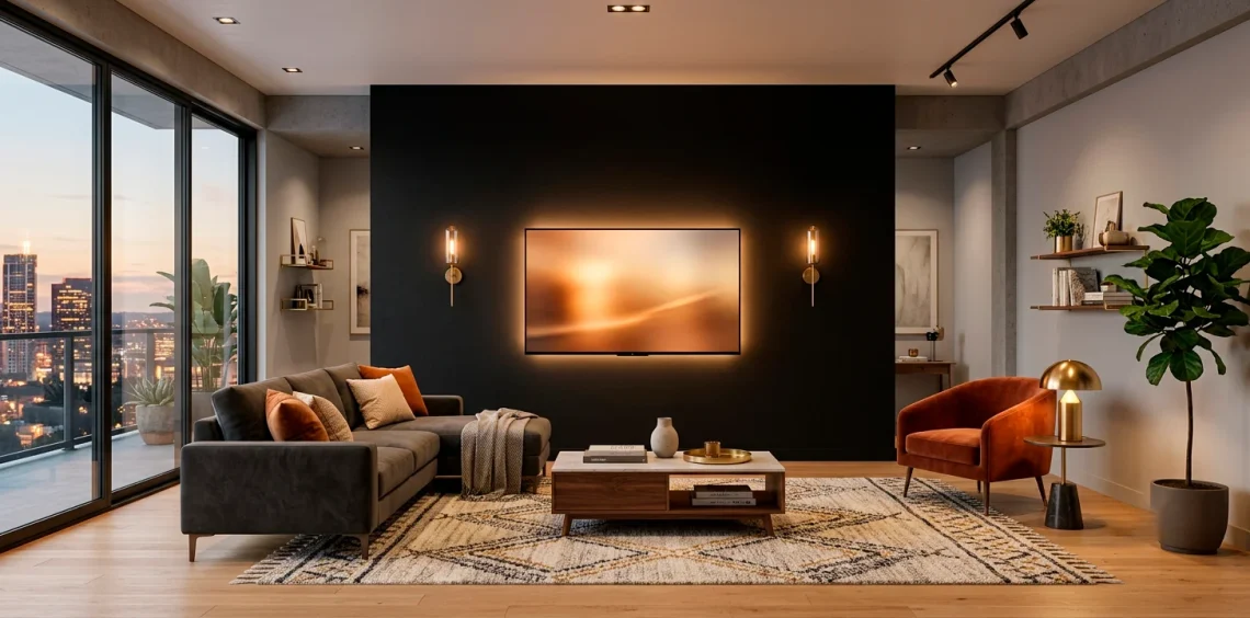 Modern living room with a matte black TV wall illuminated by warm bias lighting and brass sconces.