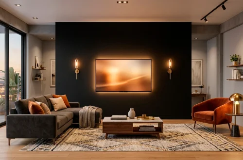 Modern living room with a matte black TV wall illuminated by warm bias lighting and brass sconces.