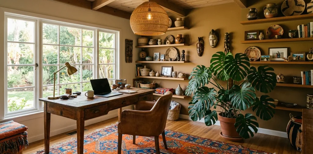 Cozy global-inspired home office with a vintage desk, Moroccan rug, and lush indoor plants bathed in warm sunlight.