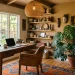 Cozy global-inspired home office with a vintage desk, Moroccan rug, and lush indoor plants bathed in warm sunlight.