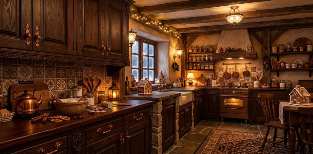 Cozy gingerbread inspired kitchen with dark wood accents and warm lighting