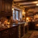 Cozy gingerbread inspired kitchen with dark wood accents and warm lighting