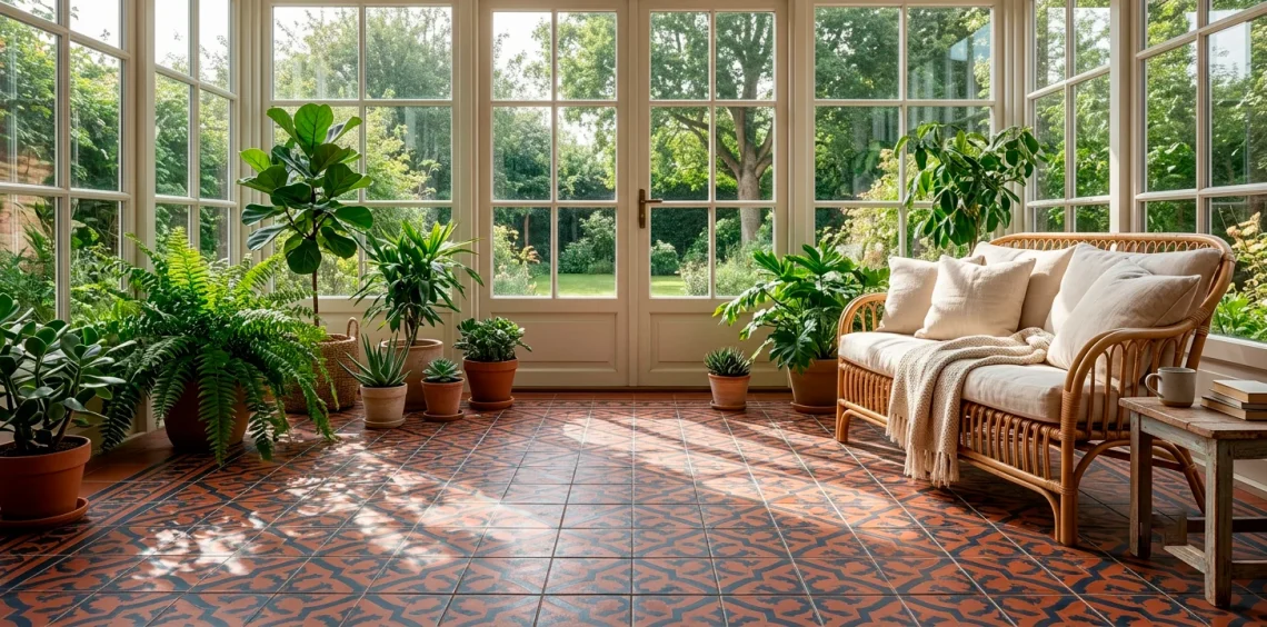 Breathtaking sunroom interior featuring intricate Moroccan patterned floor tiles in navy and terracotta with rattan furniture.