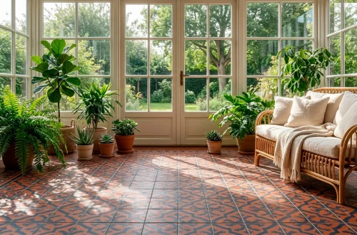 Breathtaking sunroom interior featuring intricate Moroccan patterned floor tiles in navy and terracotta with rattan furniture.
