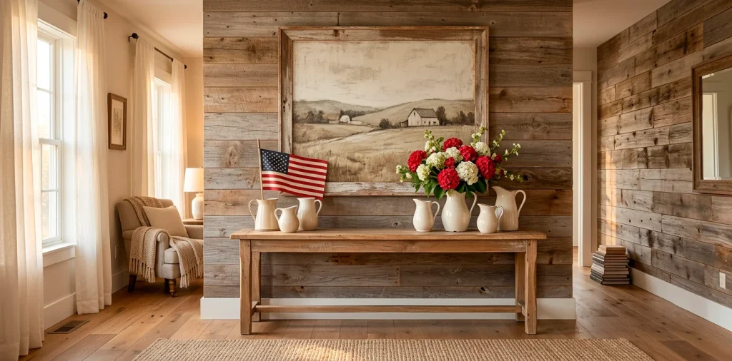 Rustic farmhouse living room showcasing Memorial Day wall art over a vintage console table.
