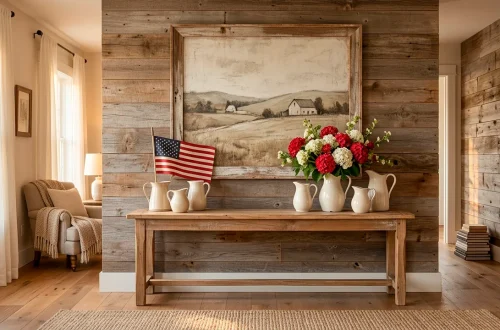 Rustic farmhouse living room showcasing Memorial Day wall art over a vintage console table.