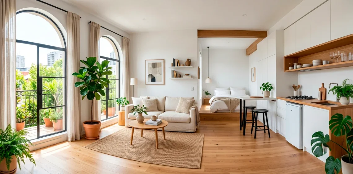 Bright and airy micro studio apartment flooded with natural sunlight and minimalist decor.