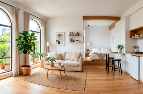 Bright and airy micro studio apartment flooded with natural sunlight and minimalist decor.