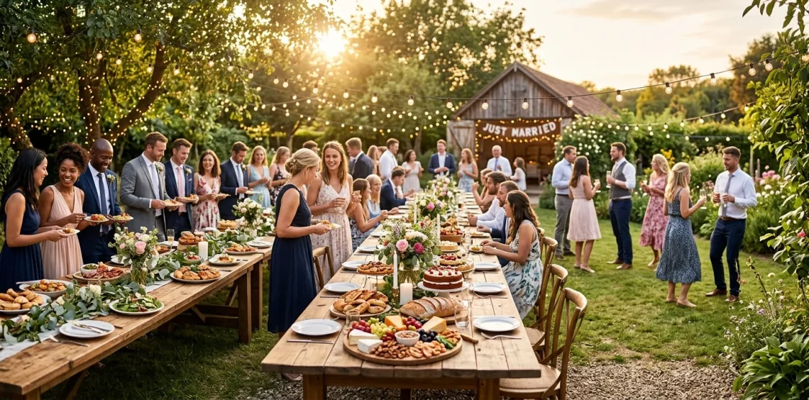 Beautiful rustic outdoor food station at a lively backyard wedding reception during golden hour.