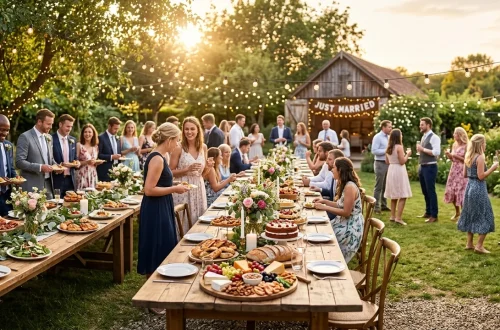 Beautiful rustic outdoor food station at a lively backyard wedding reception during golden hour.