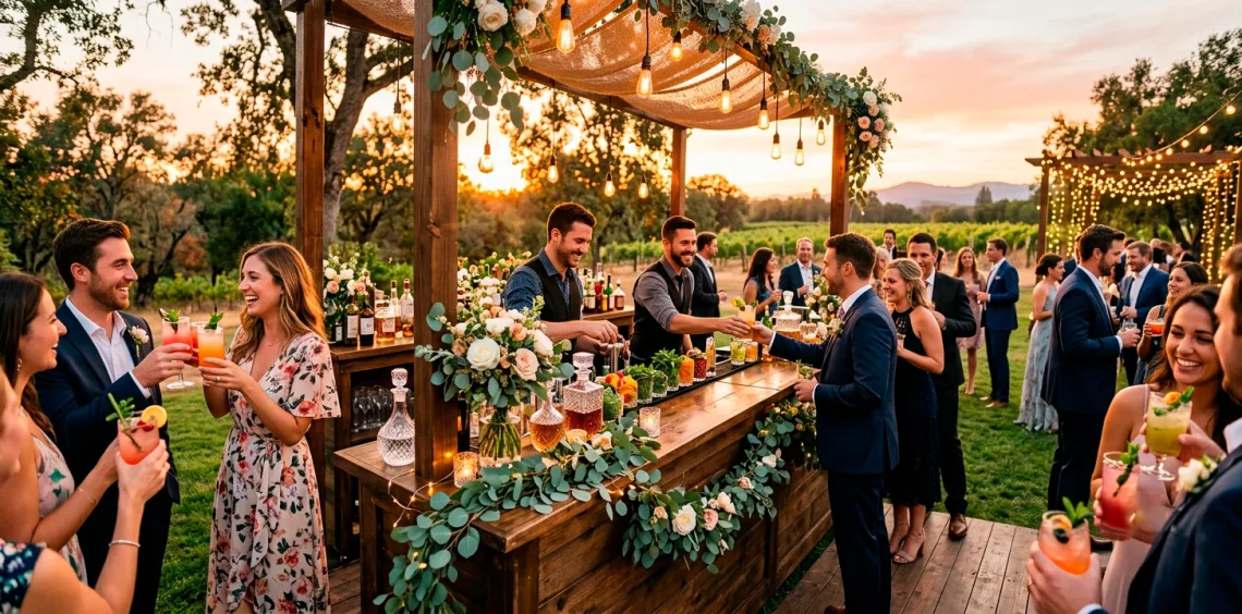 Beautiful outdoor wedding bar setup at golden hour serving colorful signature cocktails.