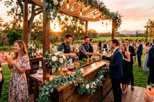 Beautiful outdoor wedding bar setup at golden hour serving colorful signature cocktails.