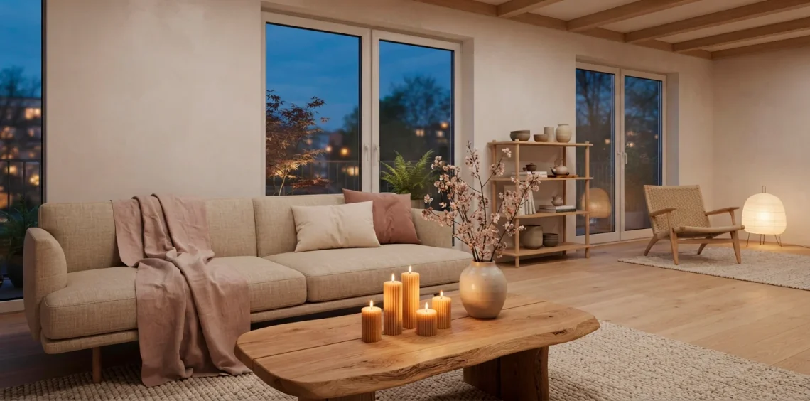 Minimalist Japandi living room decorated for Valentine's Day with warm candles and cherry blossoms