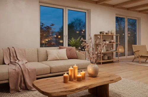 Minimalist Japandi living room decorated for Valentine's Day with warm candles and cherry blossoms