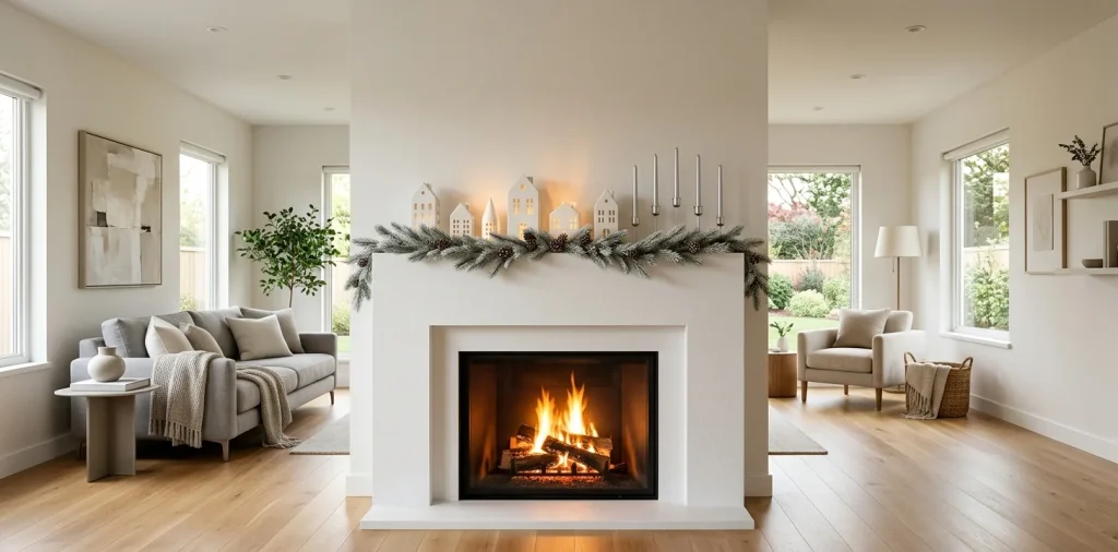 Minimalist white Christmas fireplace decor featuring frosted pine garlands, silver candles, and white ceramic houses.