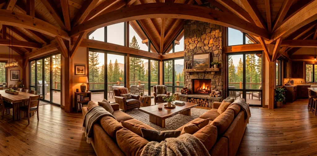 Wide view of a cozy cabin living room with rustic wood beams, a stone fireplace, and a live-edge coffee table.