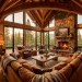 Wide view of a cozy cabin living room with rustic wood beams, a stone fireplace, and a live-edge coffee table.