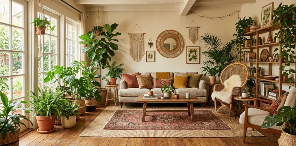 A wide sunlit bohemian living room filled with oversized statement plants, rattan furniture, and layered vintage rugs.