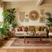 A wide sunlit bohemian living room filled with oversized statement plants, rattan furniture, and layered vintage rugs.