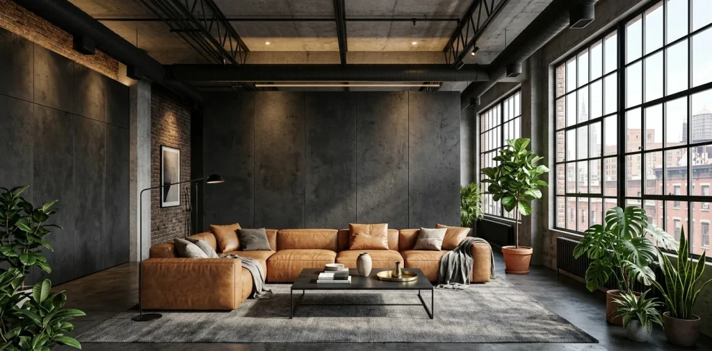 Modern urban loft living room featuring textured charcoal wall panels, exposed ducts, and a tan leather modular sofa