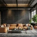 Modern urban loft living room featuring textured charcoal wall panels, exposed ducts, and a tan leather modular sofa