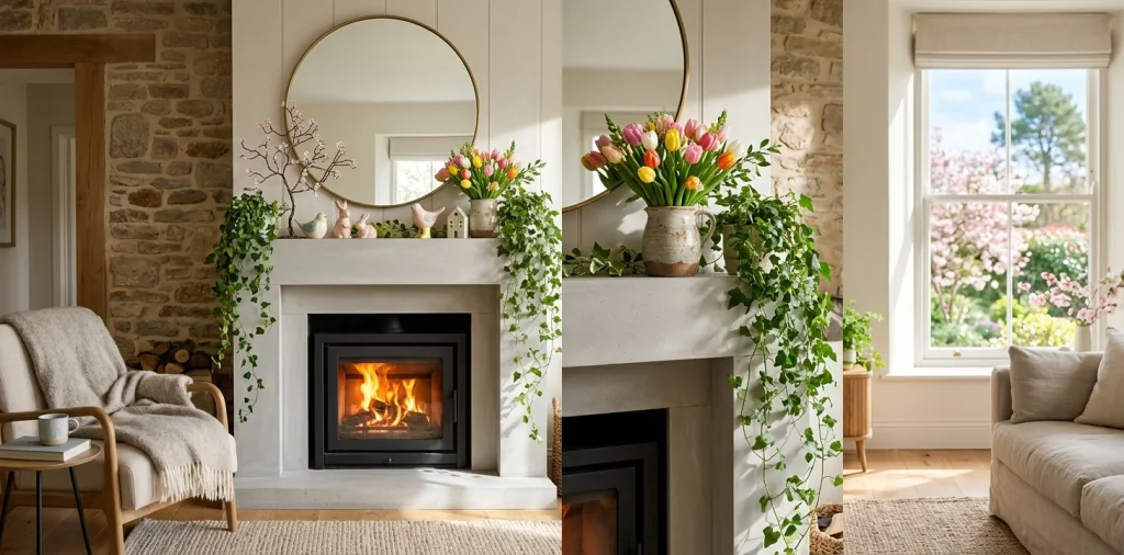 Beautiful spring mantel decor featuring whimsical figurines, fresh tulips, and trailing ivy in a sunlit living room.