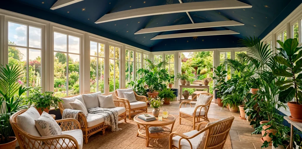 Beautiful sunroom interior featuring a dramatic deep navy blue painted ceiling and large windows