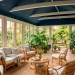 Beautiful sunroom interior featuring a dramatic deep navy blue painted ceiling and large windows