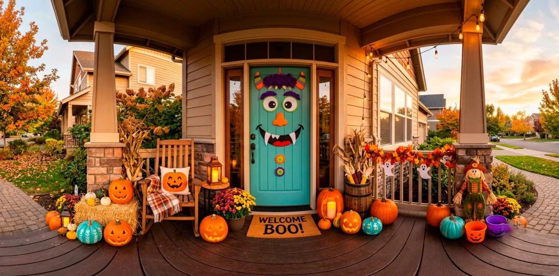 Front porch decorated for Halloween with a friendly monster door cover and colorful pumpkins.